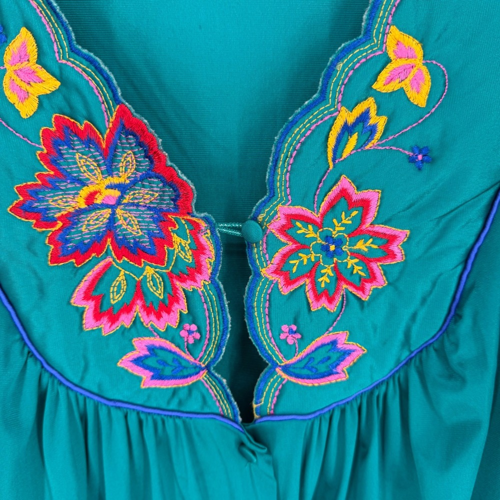 Vtg Vanity Fair XL Teal Floral Peignoir Set Made USA Antron Nylon Robe Gown EUC - Picture 10 of 13